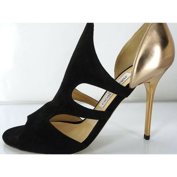 Jimmy Choo Tarine Black Suede Gold Leather Open Toe Cut Out Sandals SZ 38.5 $895 - Picture 2 of 10